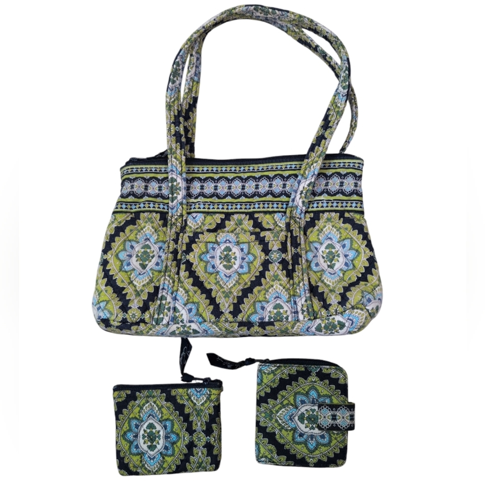 Vera Bradley Cambridge Tote Bag Purse, Plus Coin Purse & Wallet, 3 PCs Green